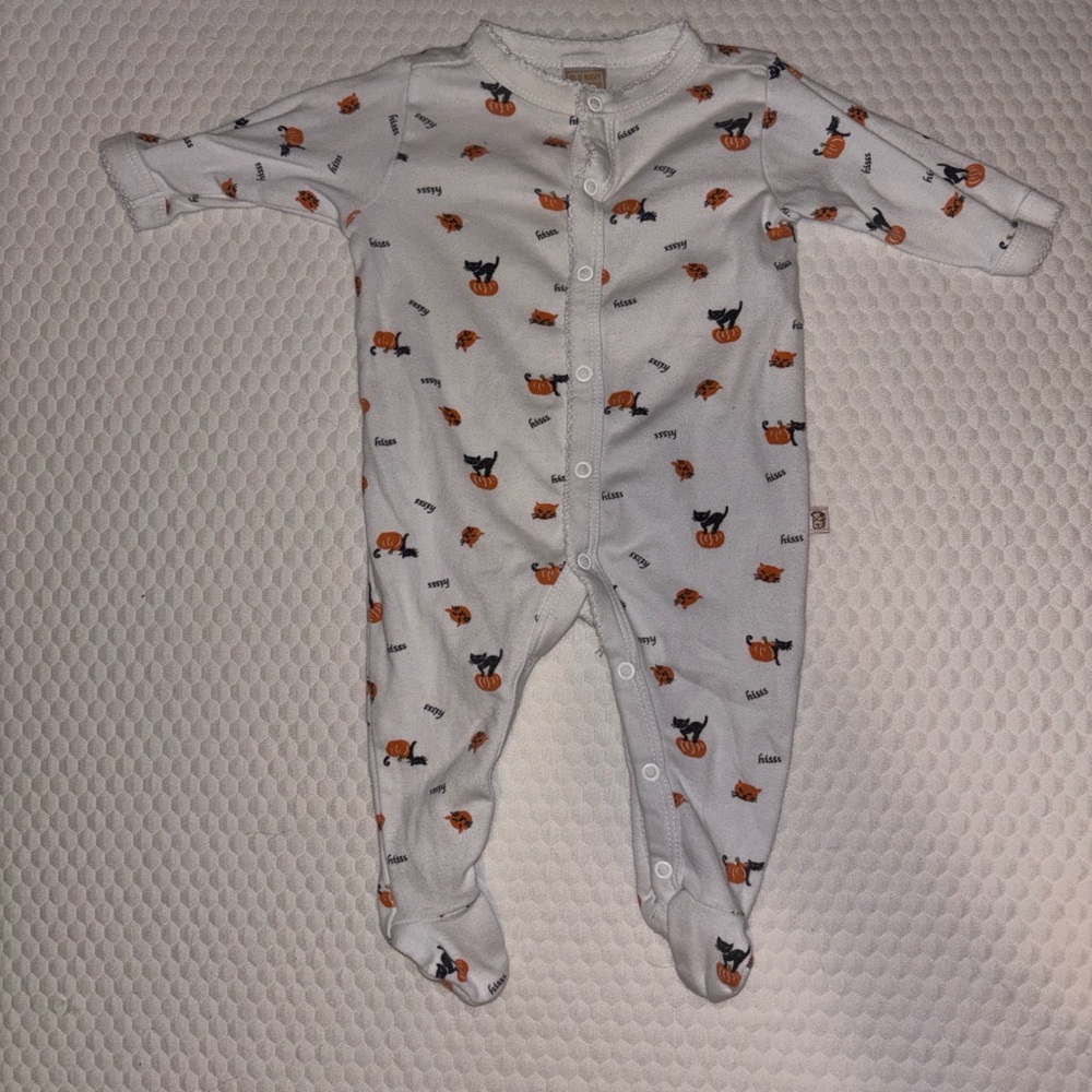 Old Navy White Footed One-Piece with Orange Pumpkin & Black Cat Print
